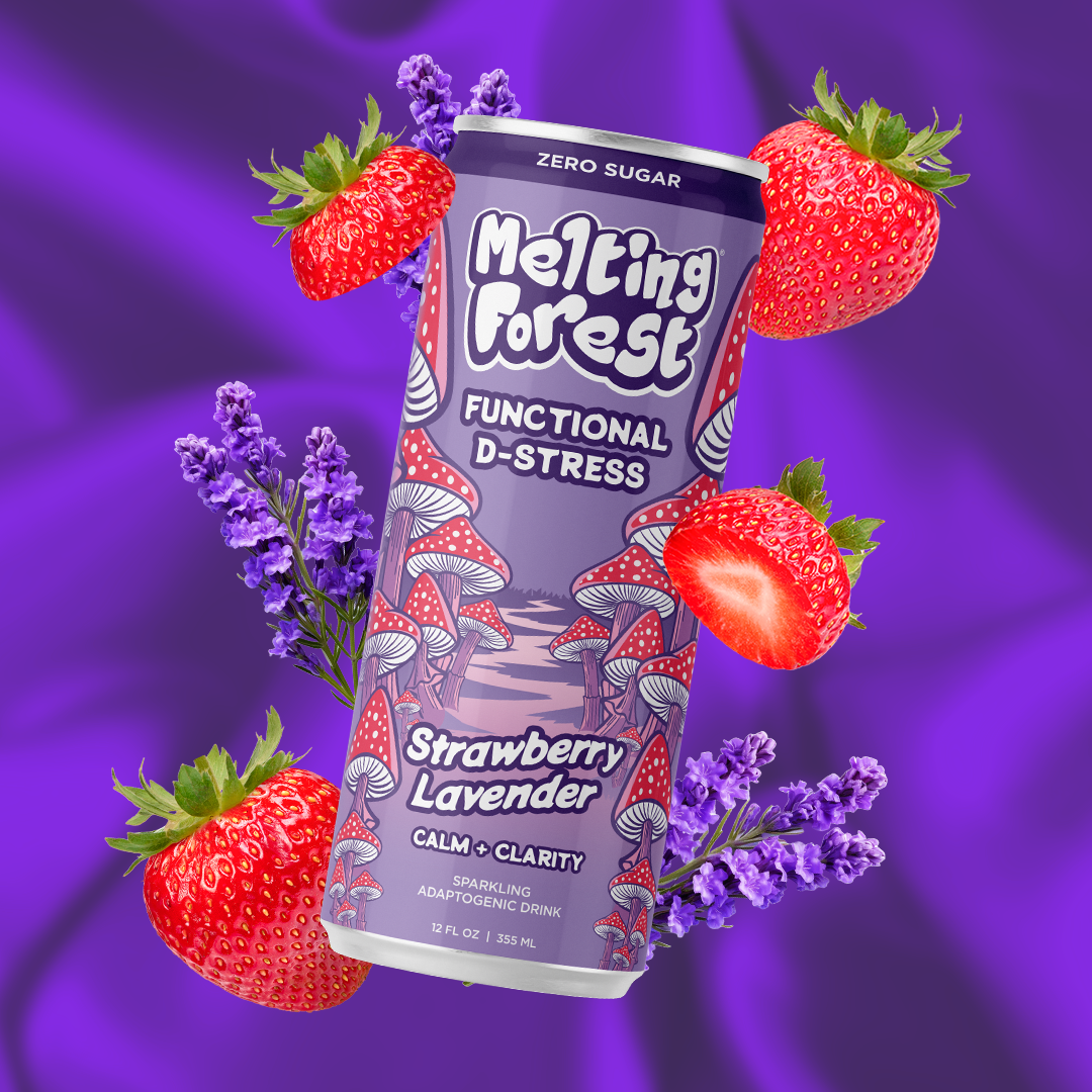 A can of Mushroom D-Stress Drink 12 Pack - Strawberry Lavender, an adaptogenic mushroom beverage, sits among strawberries and lavender on a vibrant purple background, featuring whimsical mushroom illustrations.