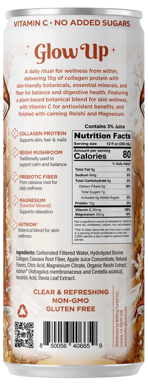 A can of Glow Up Sparkling Collagen Protein – Apple Ginger displays ingredients, nutrition facts, and highlights benefits such as collagen protein, reishi mushroom, and vitamin C. The packaging showcases earthy colors and natural elements, emphasizing its beauty-from-within philosophy as a sparkling wellness beverage.