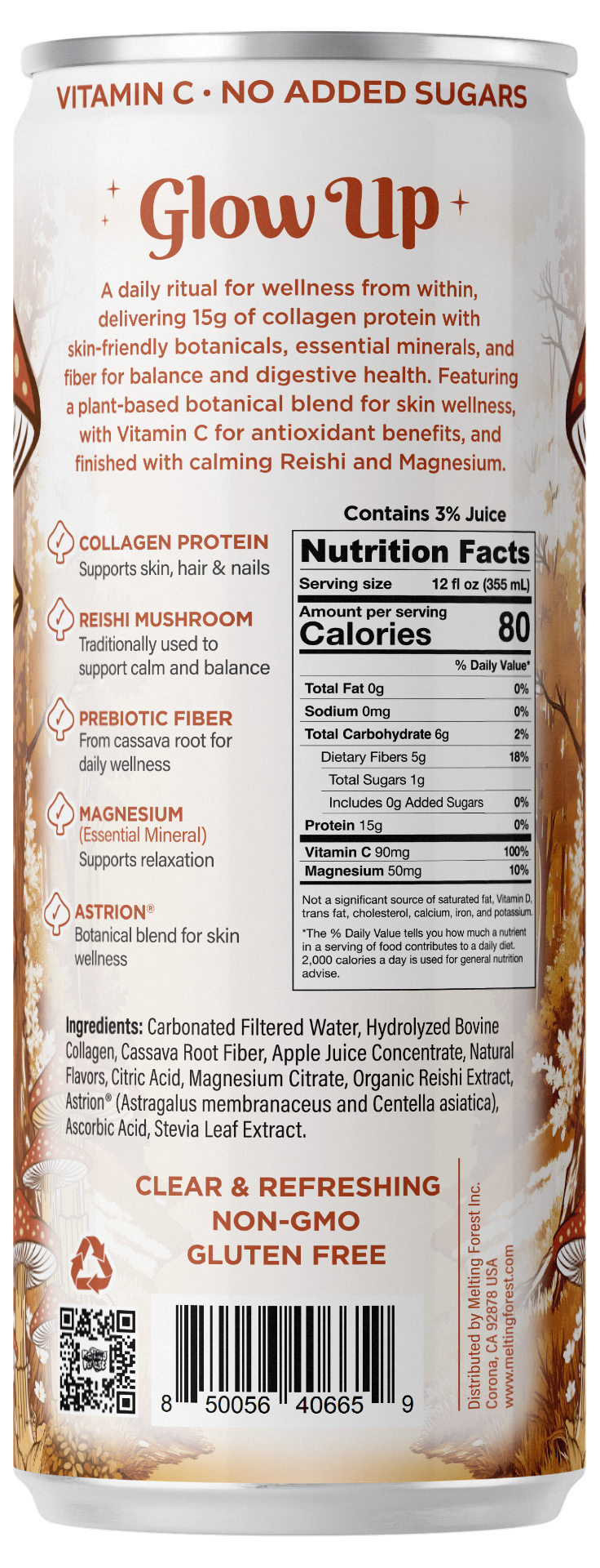 A can of Glow Up Sparkling Collagen Protein – Apple Ginger displays ingredients, nutrition facts, and highlights benefits such as collagen protein, reishi mushroom, and vitamin C. The packaging showcases earthy colors and natural elements, emphasizing its beauty-from-within philosophy as a sparkling wellness beverage.