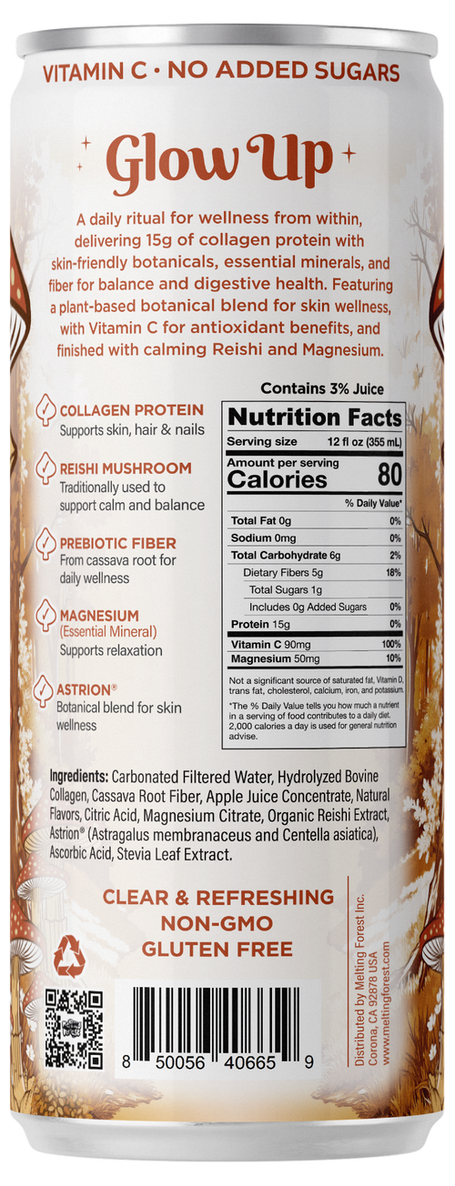 A can of Glow Up Sparkling Collagen Protein – Apple Ginger displays ingredients, nutrition facts, and highlights benefits such as collagen protein, reishi mushroom, and vitamin C. The packaging showcases earthy colors and natural elements, emphasizing its beauty-from-within philosophy as a sparkling wellness beverage.