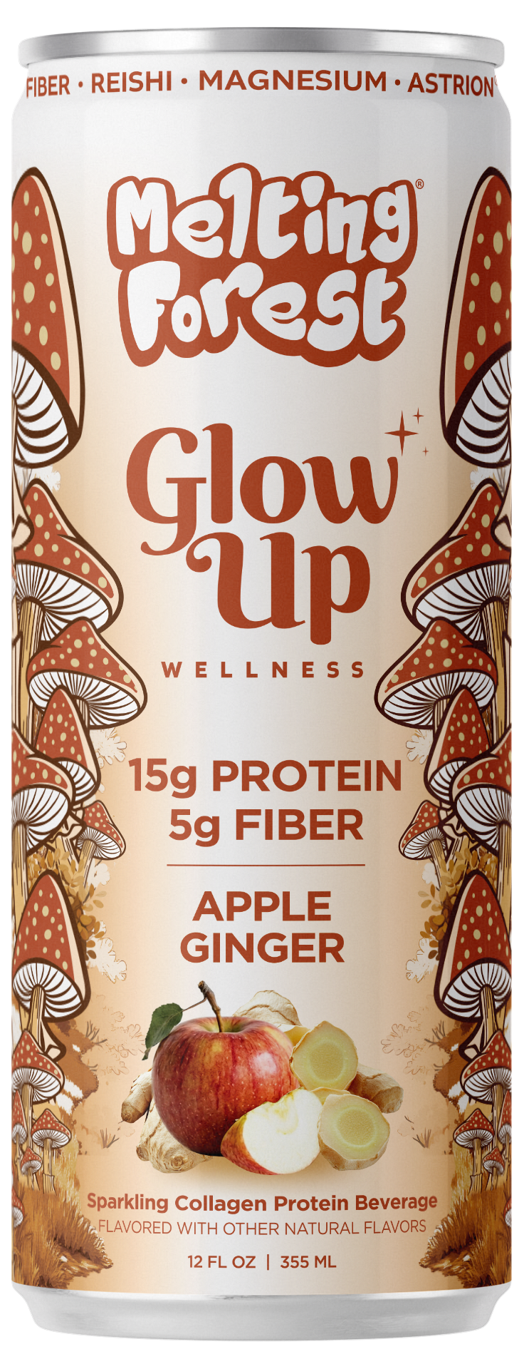 A can of Glow Up Sparkling Collagen Protein – Apple Ginger, featuring images of mushrooms, apples, and ginger. The label highlights 15g protein, 5g fiber, collagen, and a sparkling beverage—an expertly crafted wellness drink designed to support beauty from within.