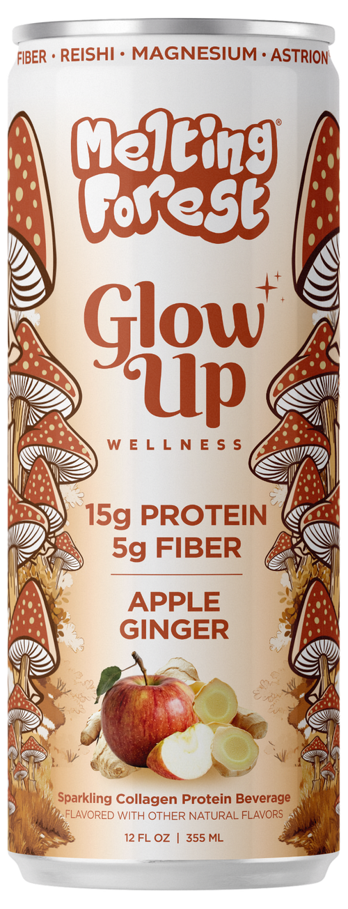 A can of Glow Up Sparkling Collagen Protein – Apple Ginger, featuring images of mushrooms, apples, and ginger. The label highlights 15g protein, 5g fiber, collagen, and a sparkling beverage—an expertly crafted wellness drink designed to support beauty from within.