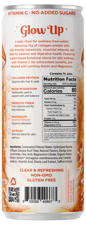 Back of a beverage can labeled "Glow Up Sparkling Collagen Protein – Blood Orange Saffron" displaying nutrition facts, ingredients, and product highlights such as collagen protein, reishi mushroom, vitamin C, magnesium, along with the phrases "no added sugars," "non-GMO," and "gluten free." This beauty-from-within beverage is crafted as a sparkling collagen drink to help you nourish your glow from the inside out.