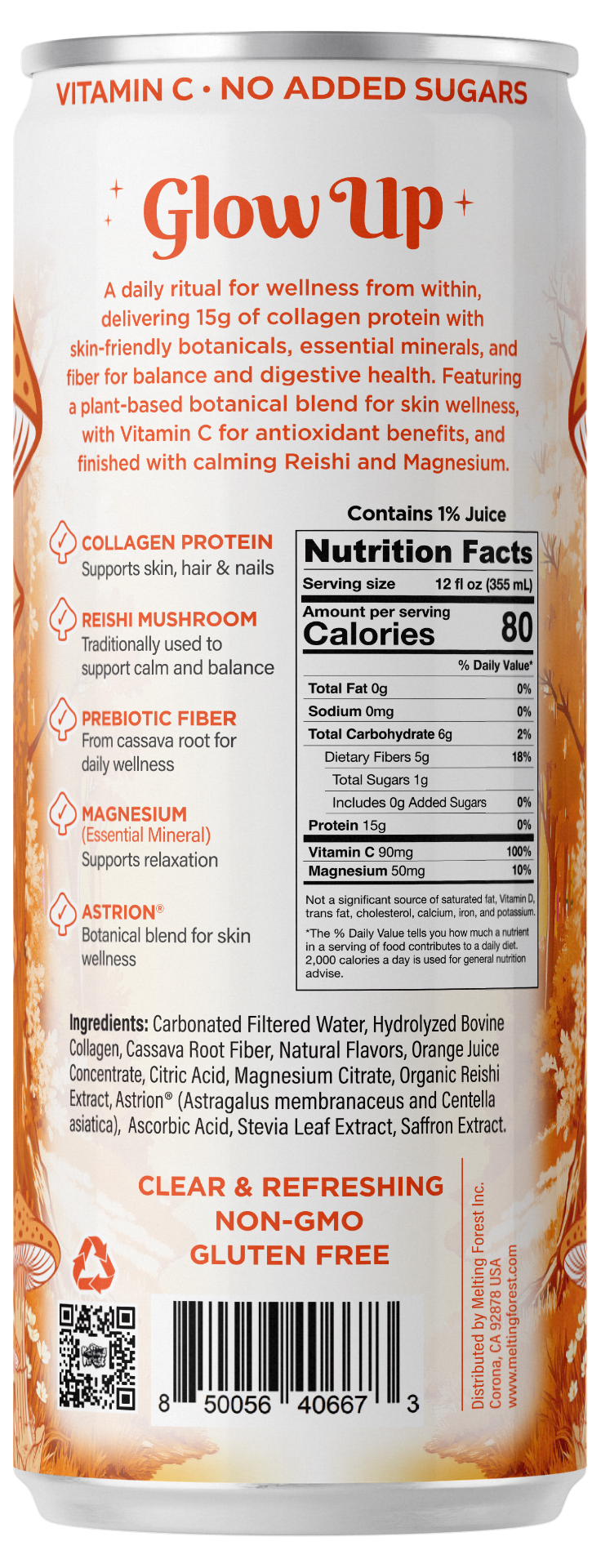 Back of a beverage can labeled "Glow Up Sparkling Collagen Protein – Blood Orange Saffron" displaying nutrition facts, ingredients, and product highlights such as collagen protein, reishi mushroom, vitamin C, magnesium, along with the phrases "no added sugars," "non-GMO," and "gluten free." This beauty-from-within beverage is crafted as a sparkling collagen drink to help you nourish your glow from the inside out.