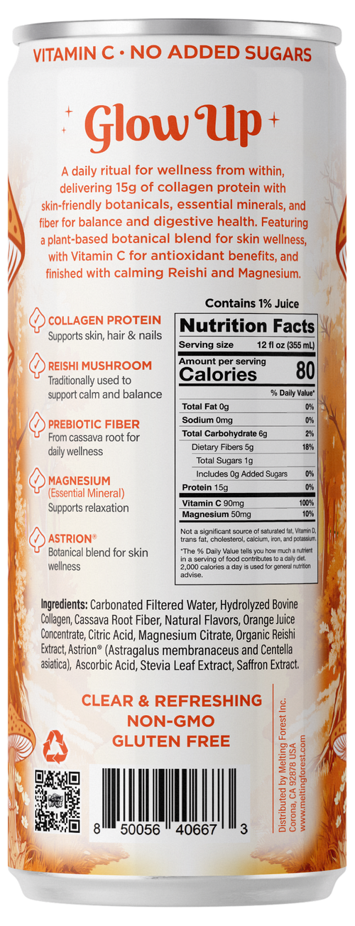 Back of a beverage can labeled "Glow Up Sparkling Collagen Protein – Blood Orange Saffron" displaying nutrition facts, ingredients, and product highlights such as collagen protein, reishi mushroom, vitamin C, magnesium, along with the phrases "no added sugars," "non-GMO," and "gluten free." This beauty-from-within beverage is crafted as a sparkling collagen drink to help you nourish your glow from the inside out.