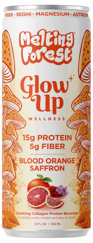 A 12 fl oz can of Glow Up Sparkling Collagen Protein – Blood Orange Saffron blends mushrooms and orange slices with sparkling collagen, delivering 15g protein and 5g fiber per serving. This beauty-from-within beverage offers delicious flavor alongside wellness benefits for a glowing you.