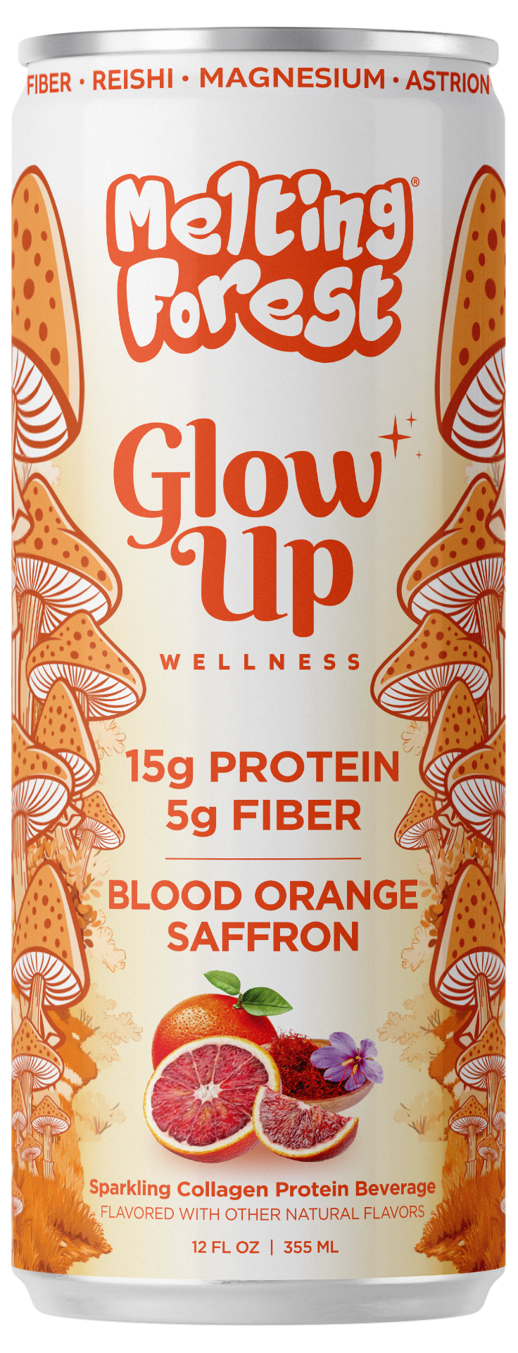 A 12 fl oz can of Glow Up Sparkling Collagen Protein – Blood Orange Saffron blends mushrooms and orange slices with sparkling collagen, delivering 15g protein and 5g fiber per serving. This beauty-from-within beverage offers delicious flavor alongside wellness benefits for a glowing you.