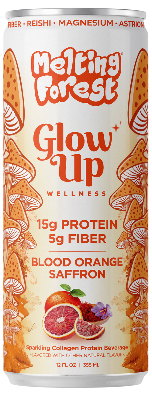 A 12 fl oz can of Glow Up Sparkling Collagen Protein – Blood Orange Saffron blends mushrooms and orange slices with sparkling collagen, delivering 15g protein and 5g fiber per serving. This beauty-from-within beverage offers delicious flavor alongside wellness benefits for a glowing you.