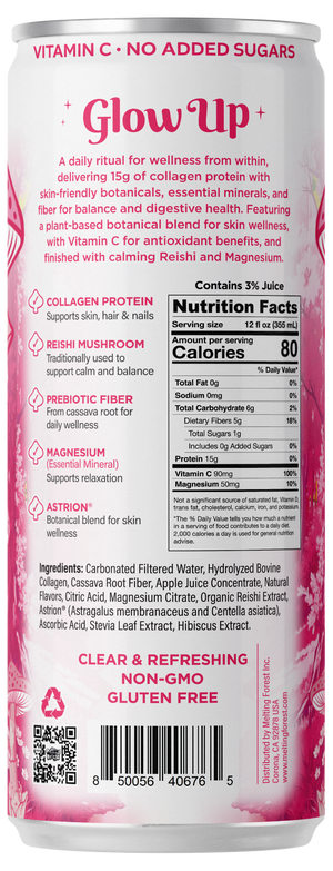 A pink can labeled “Glow Up Sparkling Collagen Protein – Hibiscus Berry” showcases its collagen protein drink with ingredients such as protein, vitamins, adaptogens, and prebiotic fiber. The can highlights nutrition facts, product benefits, and claims like non-GMO, gluten-free, and no added sugars in this beauty-from-within beverage.