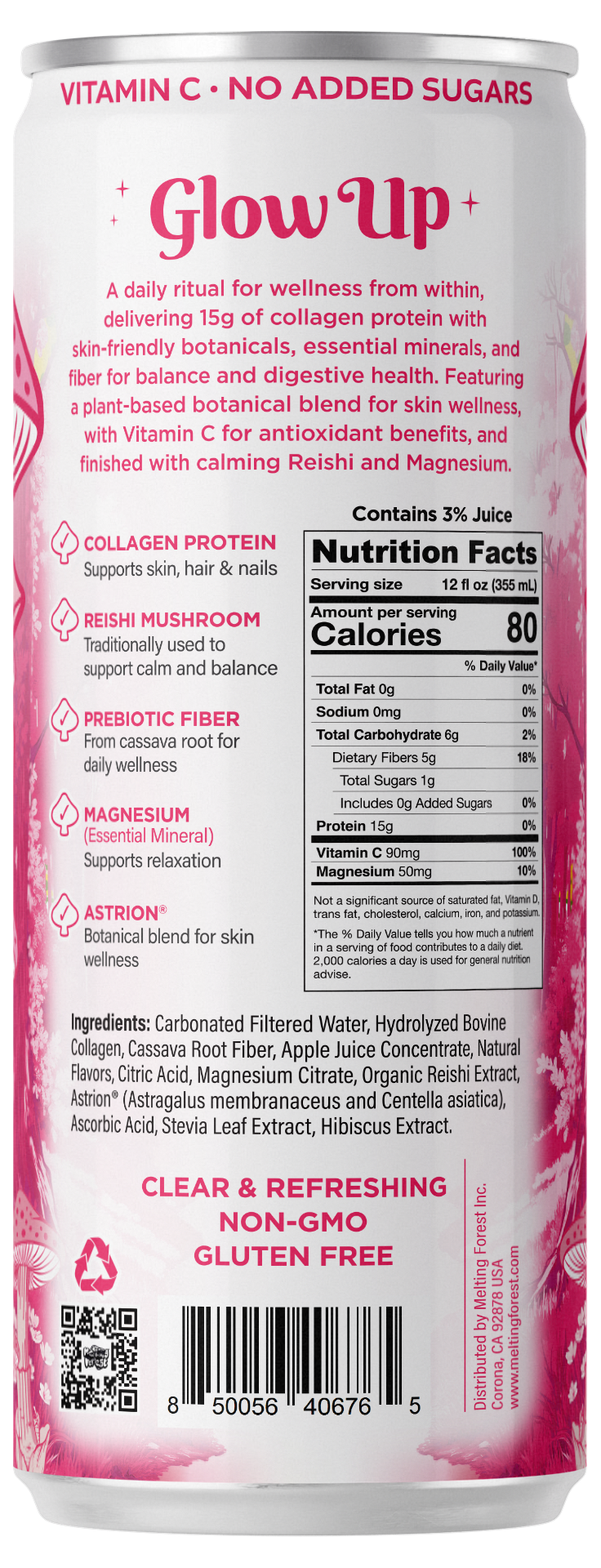 A pink can labeled “Glow Up Sparkling Collagen Protein – Hibiscus Berry” showcases its collagen protein drink with ingredients such as protein, vitamins, adaptogens, and prebiotic fiber. The can highlights nutrition facts, product benefits, and claims like non-GMO, gluten-free, and no added sugars in this beauty-from-within beverage.
