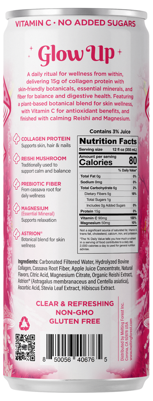 A pink can labeled “Glow Up Sparkling Collagen Protein – Hibiscus Berry” showcases its collagen protein drink with ingredients such as protein, vitamins, adaptogens, and prebiotic fiber. The can highlights nutrition facts, product benefits, and claims like non-GMO, gluten-free, and no added sugars in this beauty-from-within beverage.