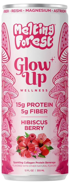 A pink can of Glow Up Sparkling Collagen Protein – Hibiscus Berry featuring illustrations of hibiscus flowers and mushrooms. The label showcases 15g protein, 5g prebiotic fiber, and sparkling collagen protein for a delicious beauty-from-within beverage.