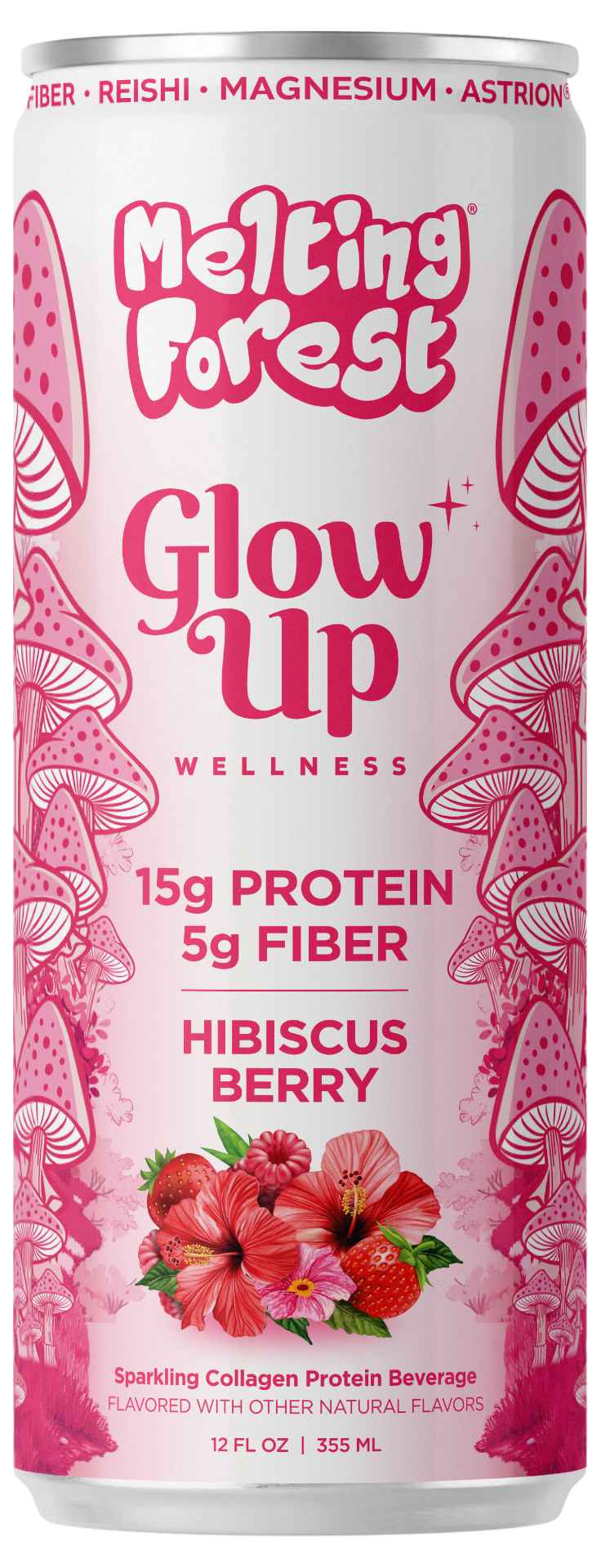 A pink can of Glow Up Sparkling Collagen Protein – Hibiscus Berry featuring illustrations of hibiscus flowers and mushrooms. The label showcases 15g protein, 5g prebiotic fiber, and sparkling collagen protein for a delicious beauty-from-within beverage.