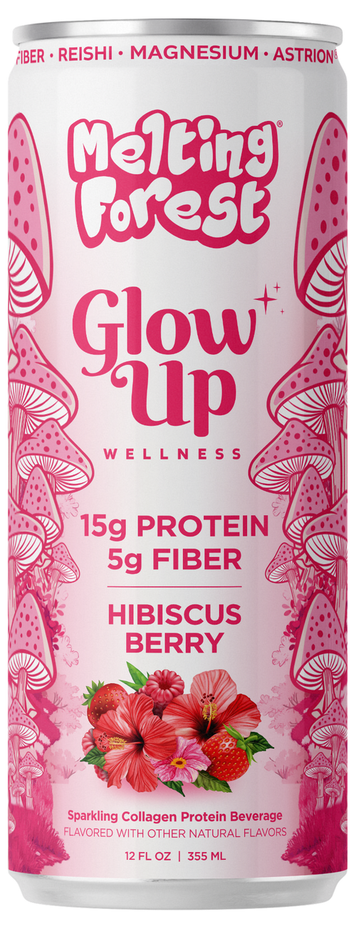 A pink can of Glow Up Sparkling Collagen Protein – Hibiscus Berry featuring illustrations of hibiscus flowers and mushrooms. The label showcases 15g protein, 5g prebiotic fiber, and sparkling collagen protein for a delicious beauty-from-within beverage.