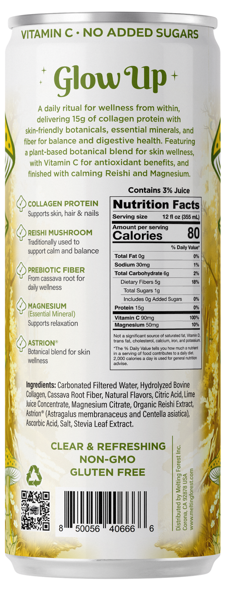 Back of a beverage can labeled "Glow Up Sparkling Collagen Protein – Rosemary Lemon," listing ingredients such as collagen protein, reishi mushroom, prebiotic fiber, and antioxidants. The label features nutrition facts and health claims supporting skin, hair, nails, and relaxation. This non-GMO and gluten-free sparkling collagen protein drink delivers beauty-from-within benefits.