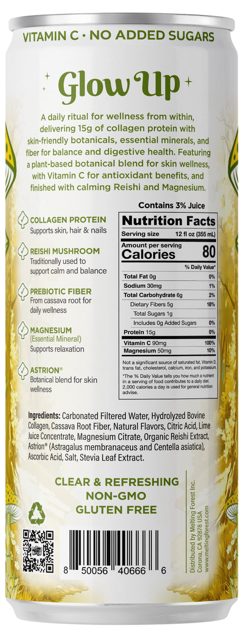 Back of a beverage can labeled "Glow Up Sparkling Collagen Protein – Rosemary Lemon," listing ingredients such as collagen protein, reishi mushroom, prebiotic fiber, and antioxidants. The label features nutrition facts and health claims supporting skin, hair, nails, and relaxation. This non-GMO and gluten-free sparkling collagen protein drink delivers beauty-from-within benefits.