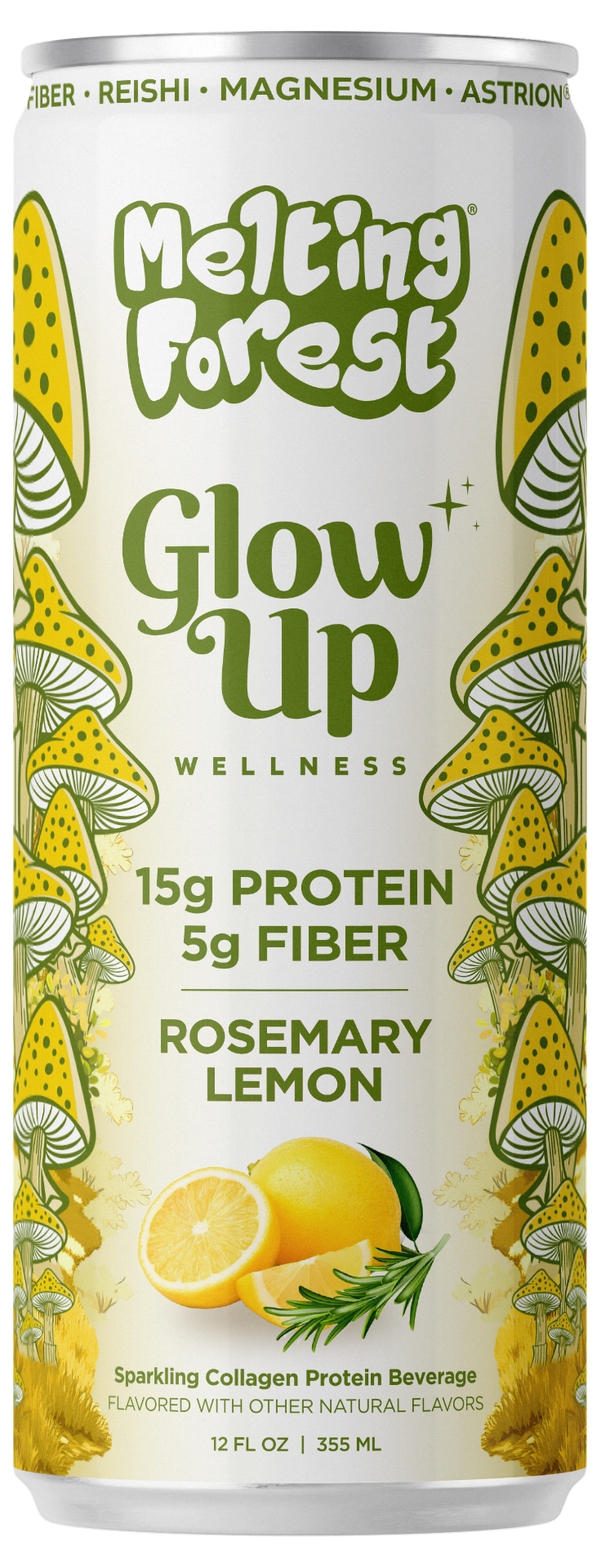 A can of Glow Up Sparkling Collagen Protein – Rosemary Lemon, a beauty-from-within beverage by Melting Forest, is a sparkling collagen protein drink with rosemary lemon flavor. The label features images of mushrooms and lemons, and each can contains 15g protein and 5g prebiotic fiber.