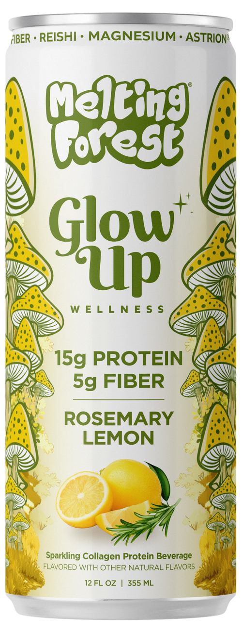 A can of Glow Up Sparkling Collagen Protein – Rosemary Lemon, a beauty-from-within beverage by Melting Forest, is a sparkling collagen protein drink with rosemary lemon flavor. The label features images of mushrooms and lemons, and each can contains 15g protein and 5g prebiotic fiber.