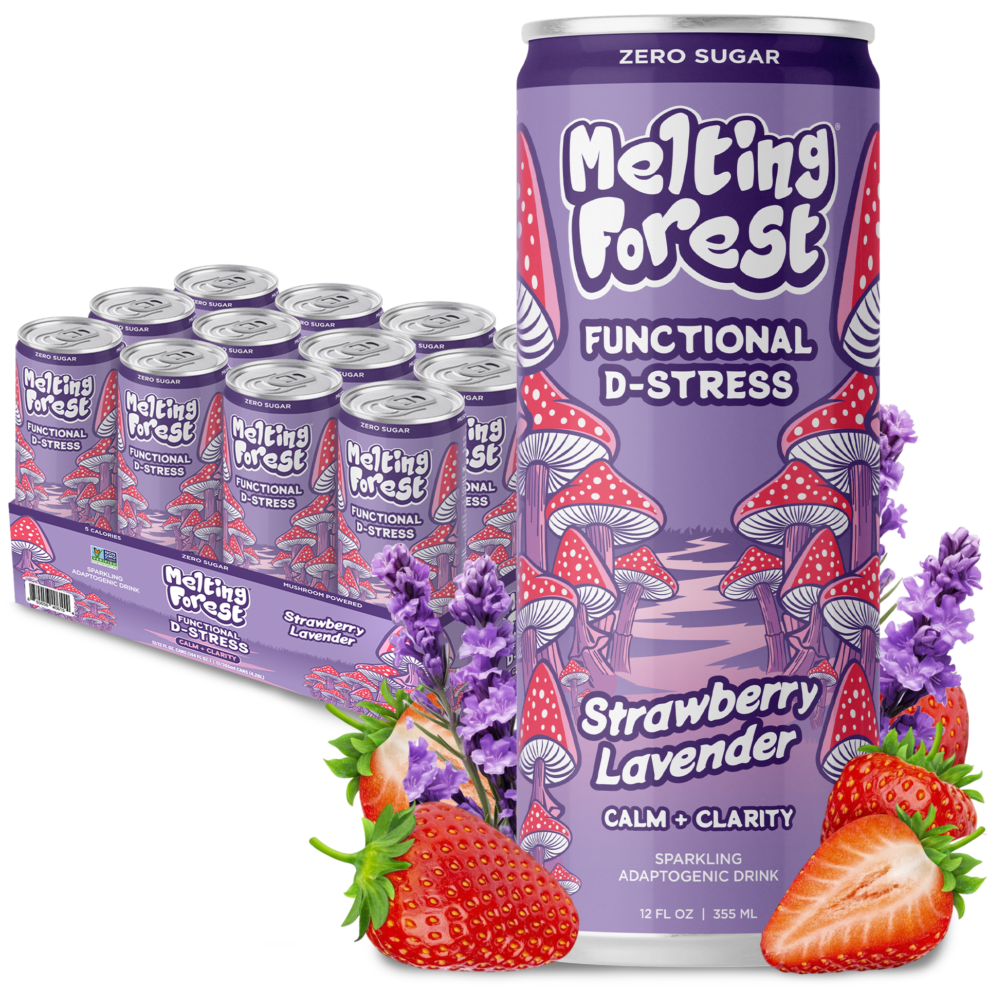 A can of Mushroom D-Stress Drink 12 Pack - Strawberry Lavender is displayed with strawberries, lavender, and red mushrooms, with a 12-pack of this organic reishi lion’s mane adaptogenic beverage visible in the background.