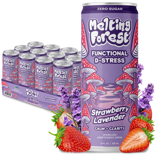 A can of Mushroom D-Stress Drink 12 Pack - Strawberry Lavender is displayed with strawberries, lavender, and red mushrooms, with a 12-pack of this organic reishi lion’s mane adaptogenic beverage visible in the background.
