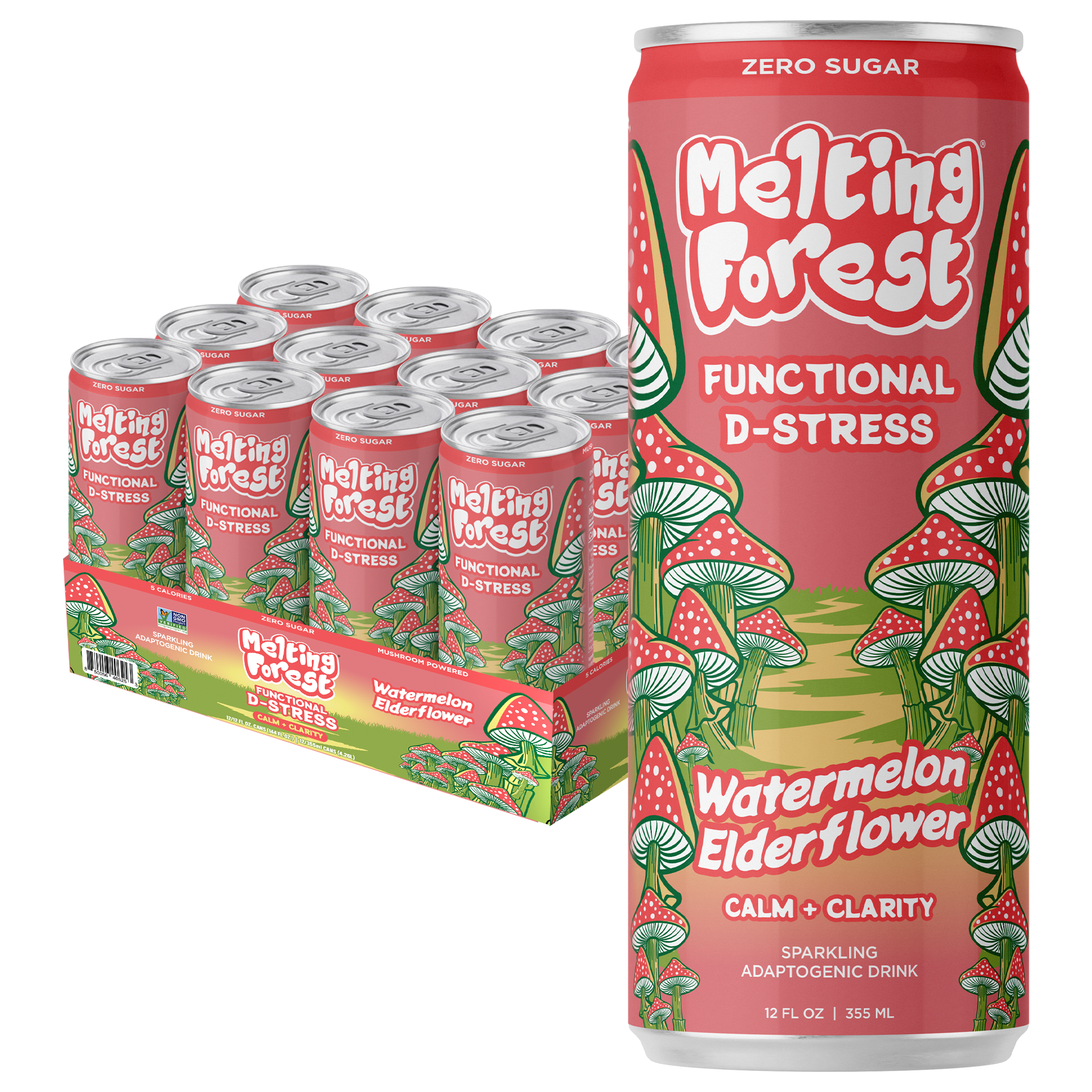 A tall can and a 12-pack of Mushroom D-Stress Drink 12 Pack - Watermelon Elderflower, featuring red, green, and cream packaging with whimsical mushroom illustrations.
