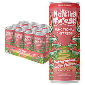 A tall can and a 12-pack of Mushroom D-Stress Drink 12 Pack - Watermelon Elderflower, featuring red, green, and cream packaging with whimsical mushroom illustrations.