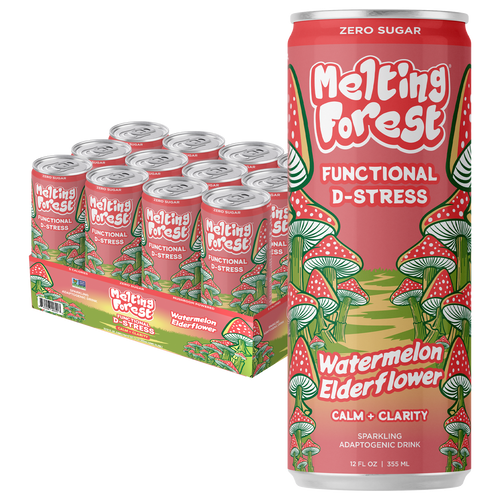 A tall can and a 12-pack of Mushroom D-Stress Drink 12 Pack - Watermelon Elderflower, featuring red, green, and cream packaging with whimsical mushroom illustrations.