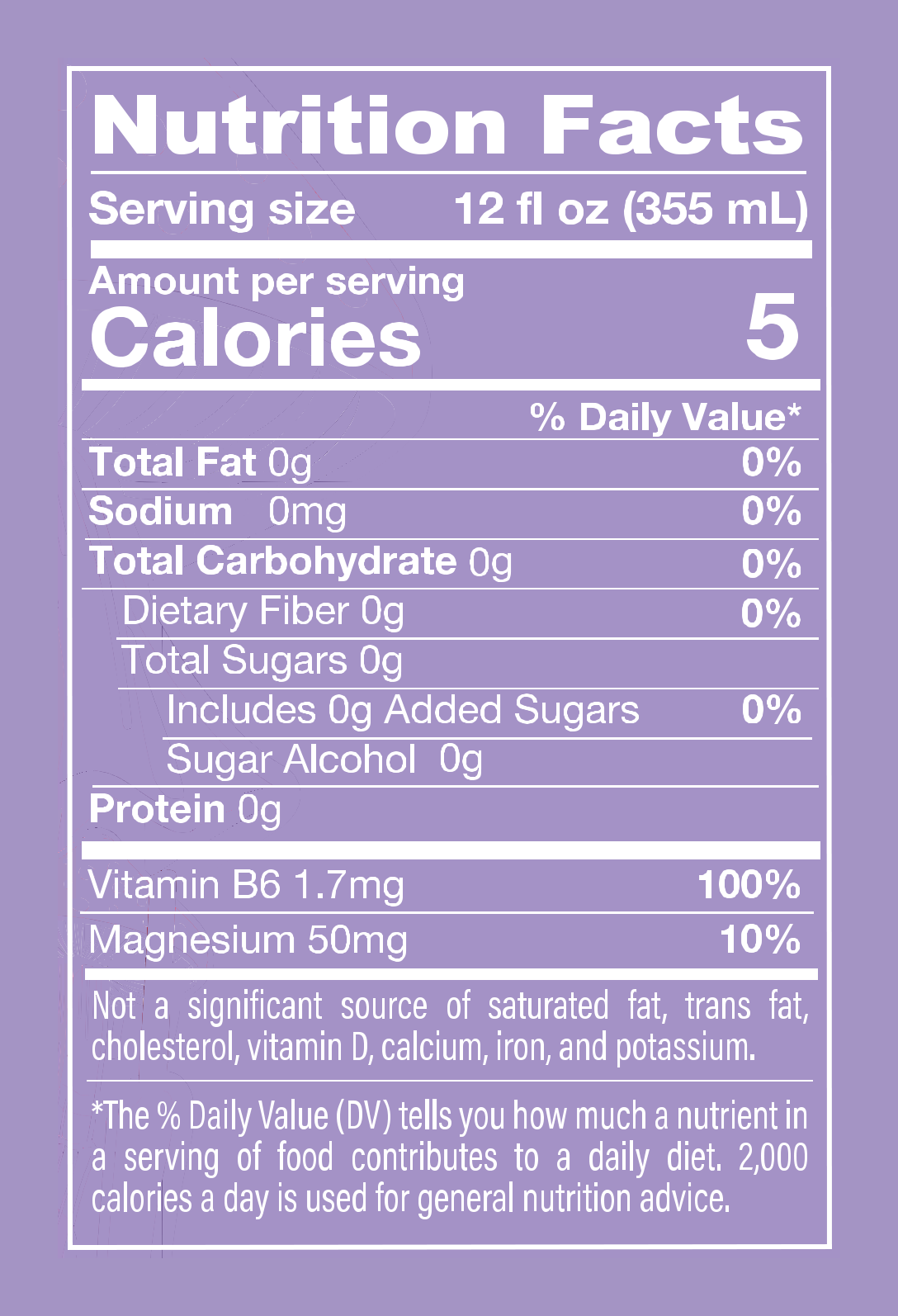Nutrition Facts, D-Stress Strawberry Lavender: 5 calories, 0g sugar