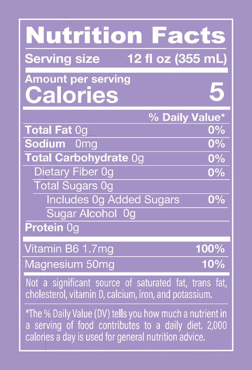 Nutrition Facts, D-Stress Strawberry Lavender: 5 calories, 0g sugar