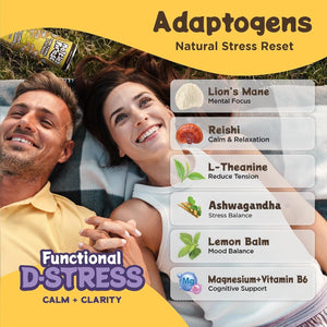 Adaptogens in Melting Forest D-Stress Coconut Pineapple: lion's mane, reishi, L-theanine, ashwagandha, lemon balm, magnesium and vitamin B6