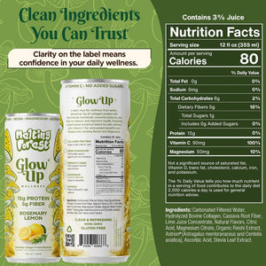 Two yellow-green drink pouches labeled "Glow Up Sparkling Collagen Protein – Rosemary Lemon" and "Melting Forest" sit side by side, displaying nutrition facts and ingredients. The accompanying text highlights clean ingredients, prebiotic fiber content, and a refreshing rosemary lemon flavor—making this sparkling collagen protein drink the ultimate beauty-from-within beverage.