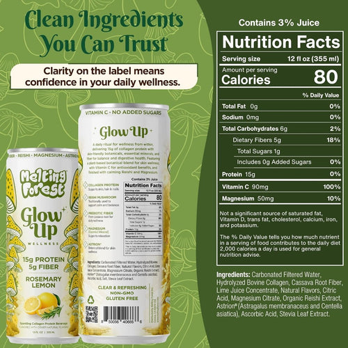 Two yellow-green drink pouches labeled "Glow Up Sparkling Collagen Protein – Rosemary Lemon" and "Melting Forest" sit side by side, displaying nutrition facts and ingredients. The accompanying text highlights clean ingredients, prebiotic fiber content, and a refreshing rosemary lemon flavor—making this sparkling collagen protein drink the ultimate beauty-from-within beverage.