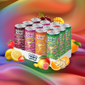 The Mushroom Energy Drink 12 Pack - Variety Pack features twelve cans infused with lion's mane and cordyceps in four flavors—strawberry, cream soda, guava, and tropical—displayed in a tray with fruit and a Melting Forest logo on a vibrant background.