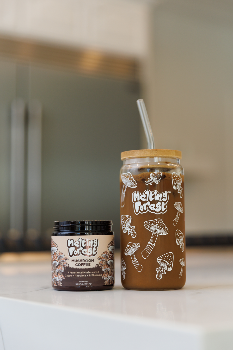 Glass Iced Coffee Cup with Straw | Melting Forest